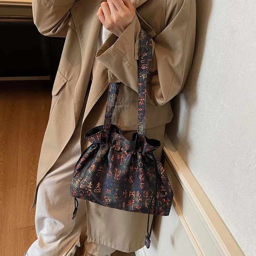 

Storage Bag Cotton Hanfu Drawstrings Bag Flower Characters Chinese Printed Shoulder Pouch Pocket Retro Embroidery Handbag Travel