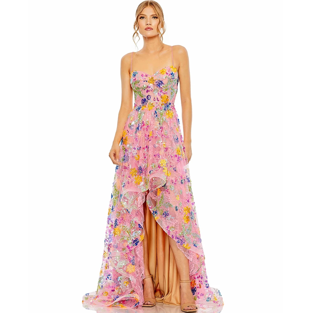 Exquisite High/Low A-Line Evening Dress Spaghetti Straps Sleeveless Sequin Lace Tulle Backless Women Sweep Train Prom Gowns