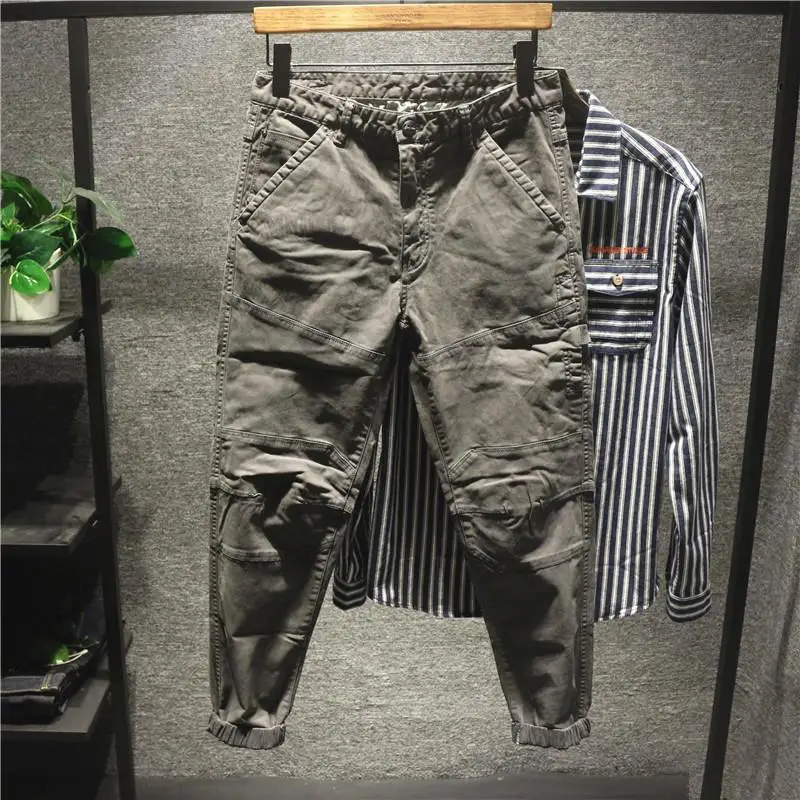 

Cotton Work Trousers Men's Autumn Spring Pure Cotton Trousers Small Footed Cargo Pants Wear Resistant Cuffed Casual Pants