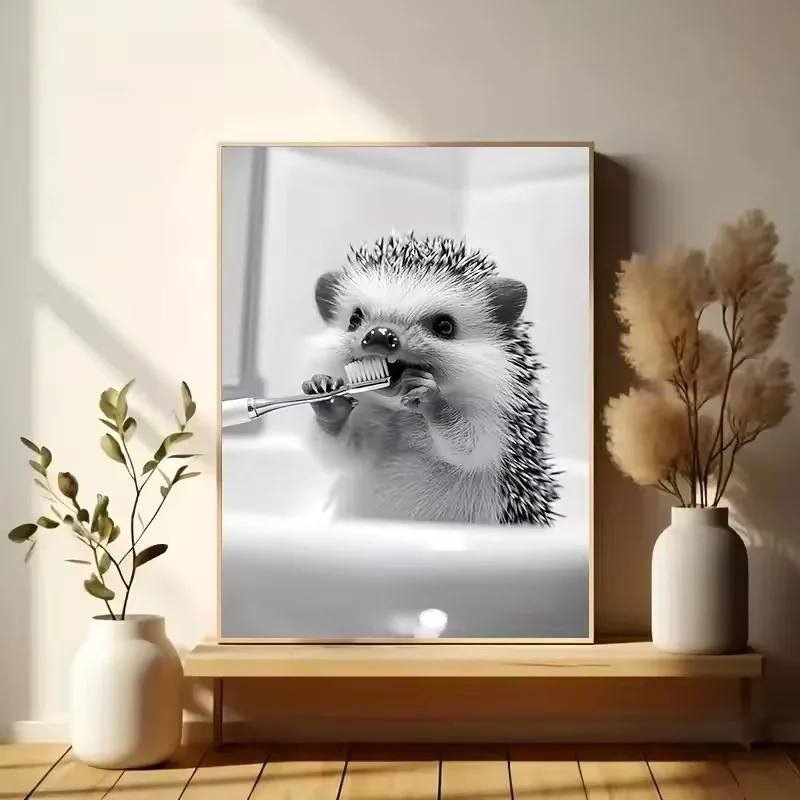 Animal Bathroom Toilet Paper Canvas Painting Poster Otter Hedgehog Giraffe Gift Wall Room Home Decor Black White Print Modern view 3