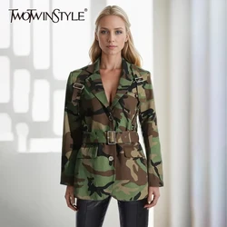 TWOTWINSTYLE Patchwork Belt Slimming Coats For Women Notched Collar Long Sleeve Spliced Button Colorblock Coat Female New