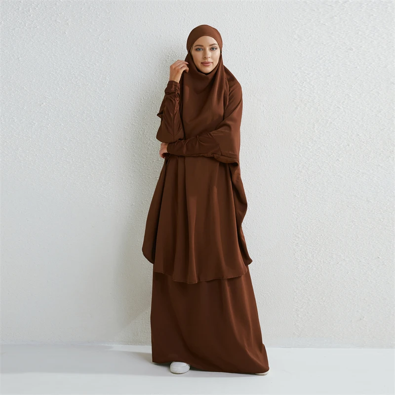 Muslim Sets Two Pieces Prayer Clothing Long Hooded Smocking Sleeve Shirts Hijab Loose Maxi Skirts Elastic Waist Women Abaya Sets