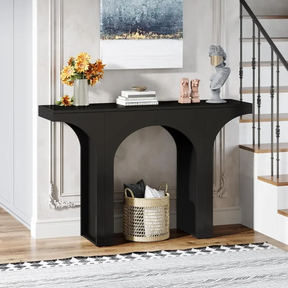 Black Console Table, 47-Inch Entryway Console Table, Wood Sofa Table Behind Couch with Arched Base, Narrow Hallway Table