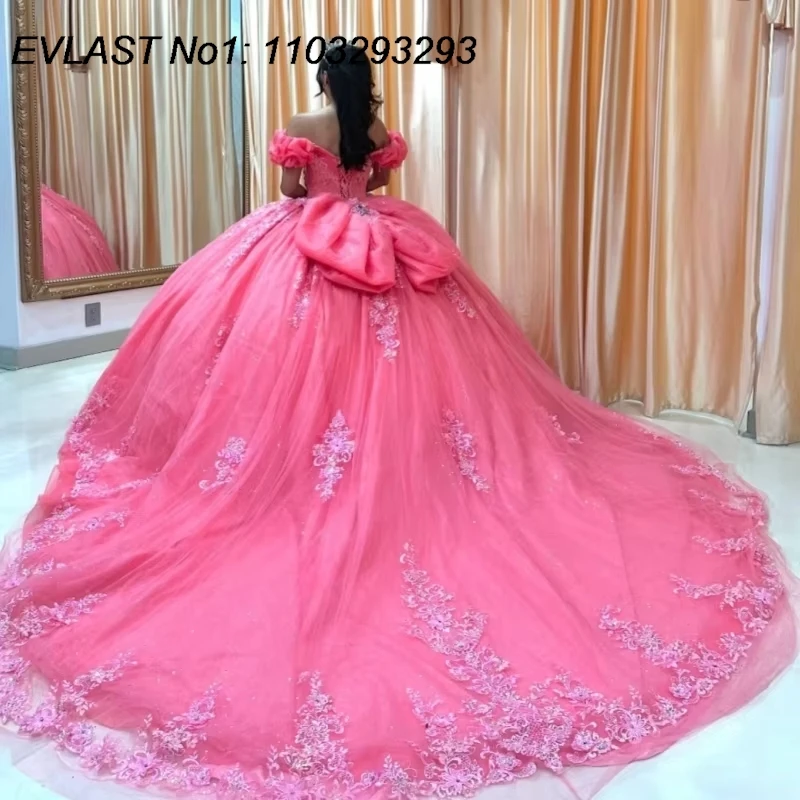 EVLAST personnalisé luxe rose robe De bal Quinceanera robe dentelle Applique cristal perlé arc doux 16 robes De 15 Anos E1QN130