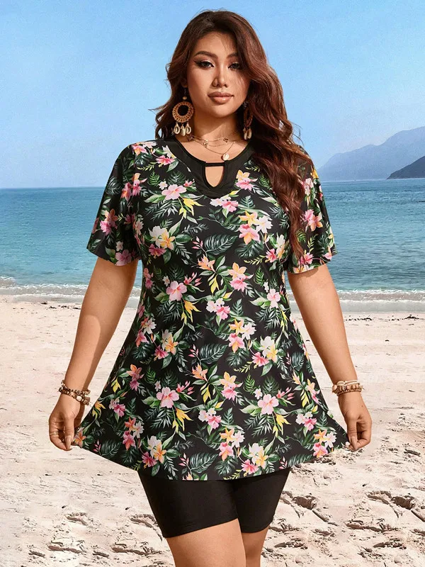 Plus Size 2‑Piece Tankini Swimsuit Short Sleeve Print Keyhole Neck Mid‑Length Shorts Tummy Control Swimwear Beach Bathing Suit