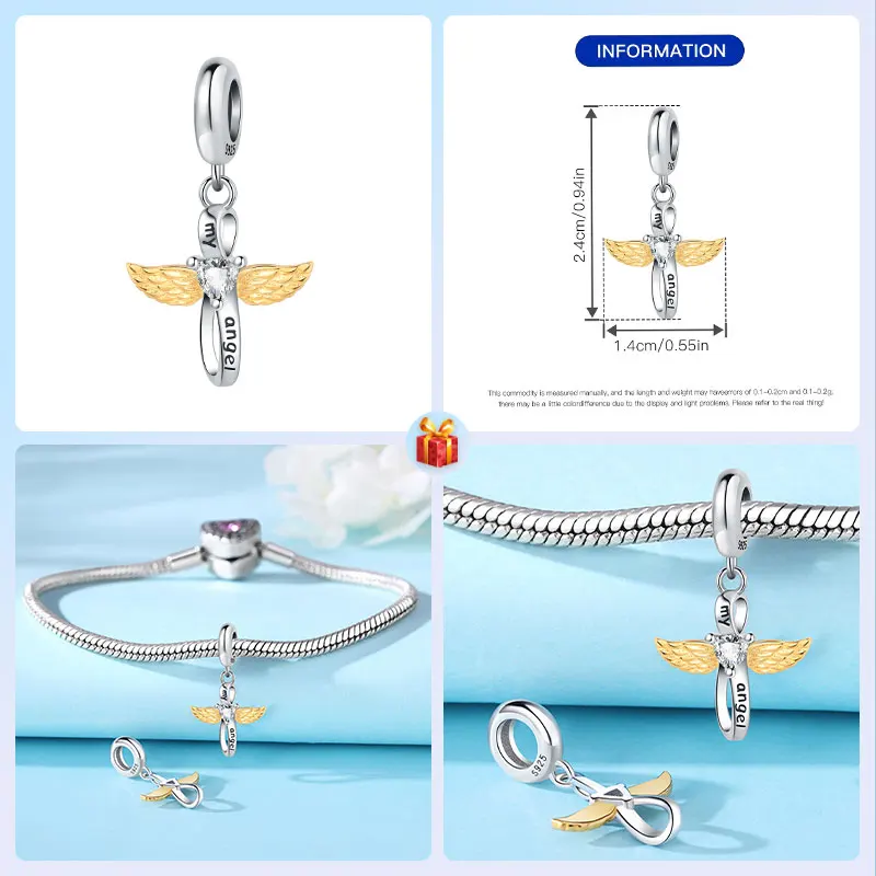 Animals Pets Beads 925 Sterling Silver Golden Angel Wings White Heart Zirconia Infinity Charms Bracelets Jewelry Gift