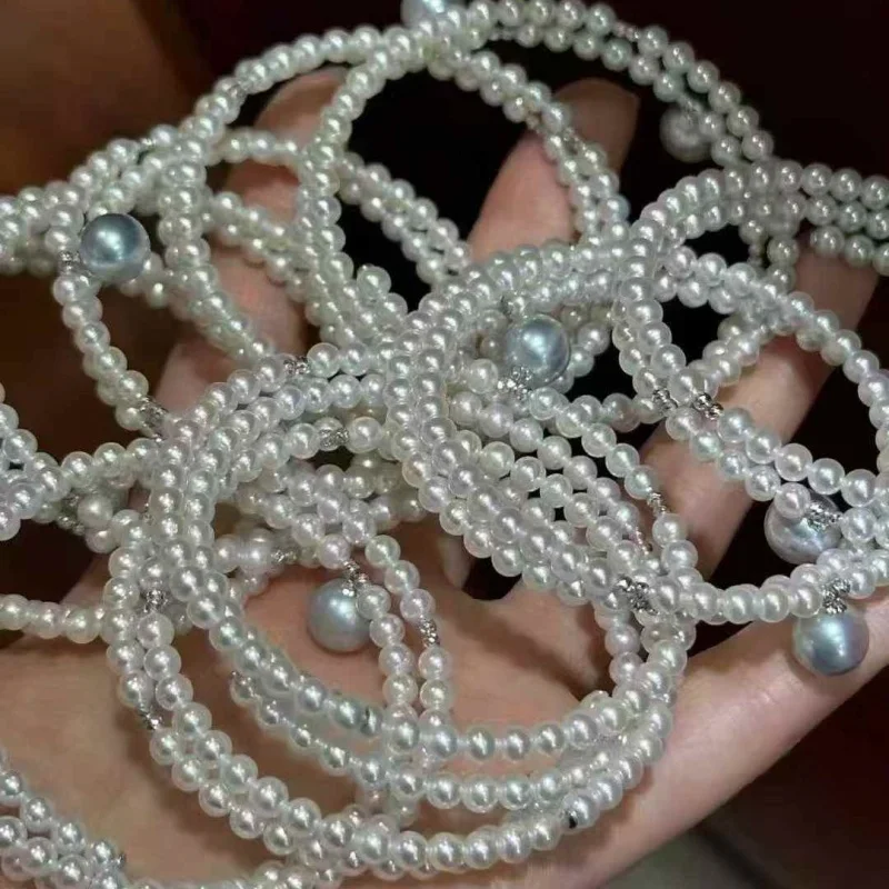 

SGARIT Double-Strand Bracelet Natural White Round Akoya Pearl Bangle for Women Vintage Female Jewelry