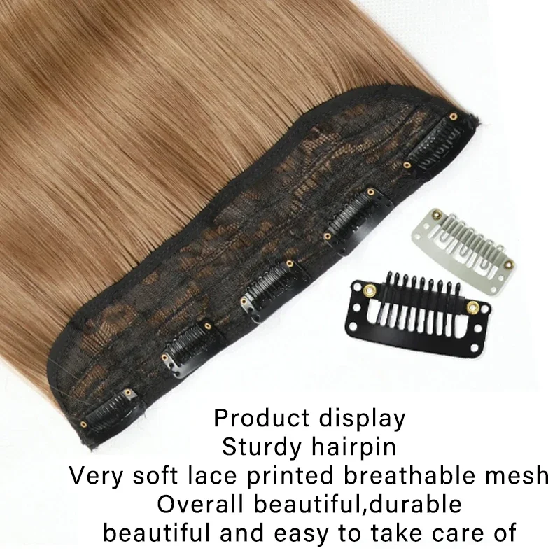 Longo sintético reta cabeça cheia extensões de cabelo para mulheres, pedaço de cabelo falso, 5 clipes, natural hairpiece, marrom e vermelho, 24in