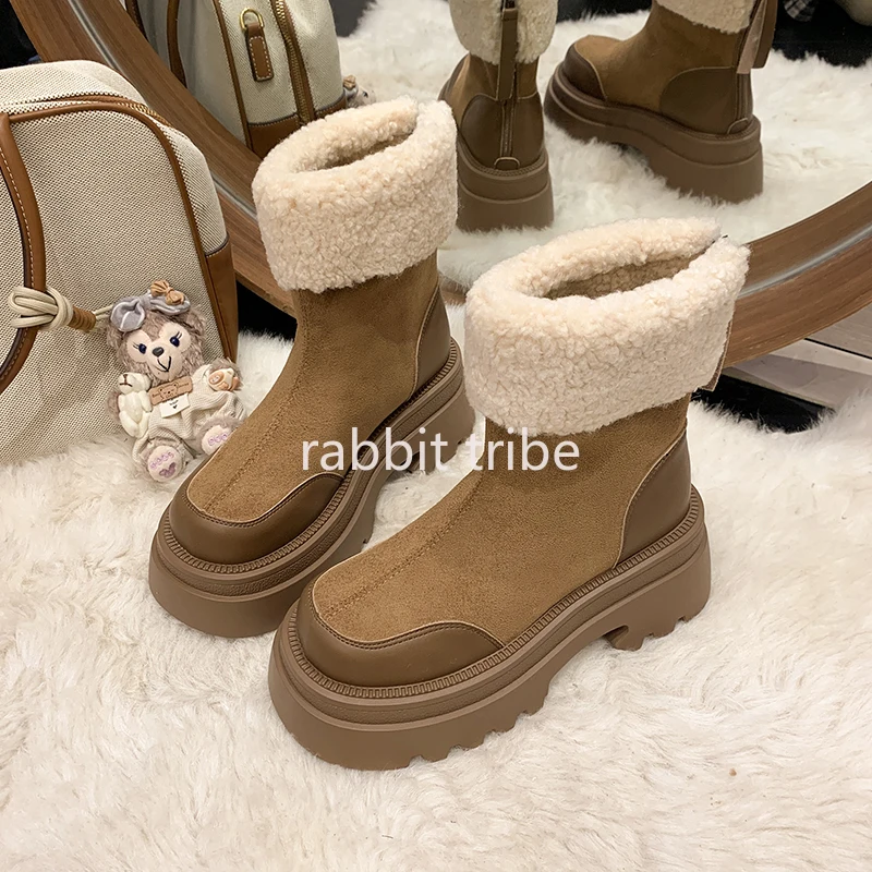 

NEW Snow Boots Women Winter Warm Designer Platform Boots Non-slip Short Plush Flats Suede Shoes Mujer Rear Zipper Women's Boots