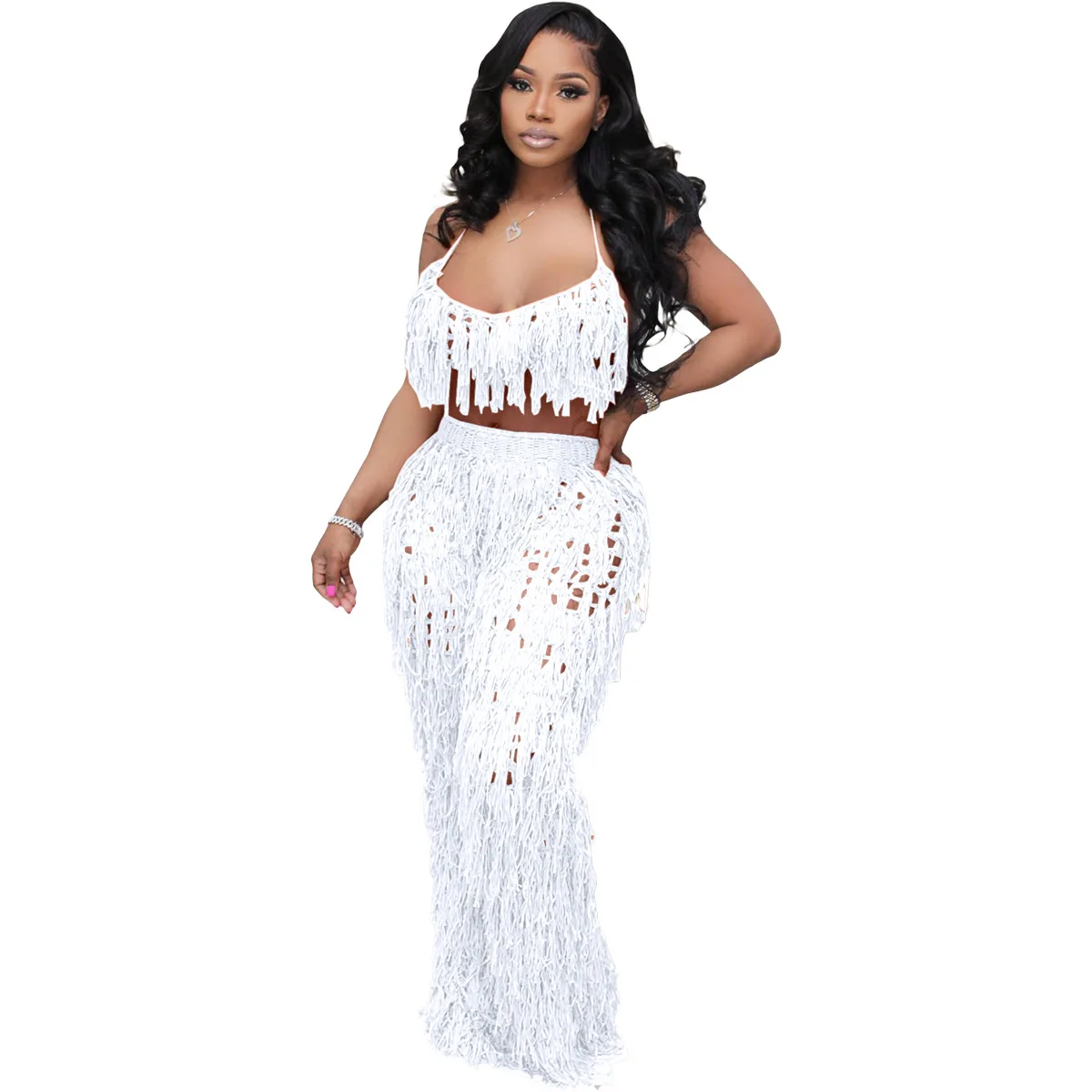 Women's 2023 Summer Halter Neck Halter Top + Wide-leg Loose Trousers Knitted Tassel Sexy Two-piece Vacation Beach Suit