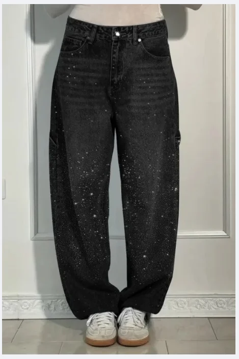 Wide Leg Lady Jeans Diamonds Denim Straigt High Waist Zipper Female Pants 2025 Fashion Pockets Street Lady Trouser