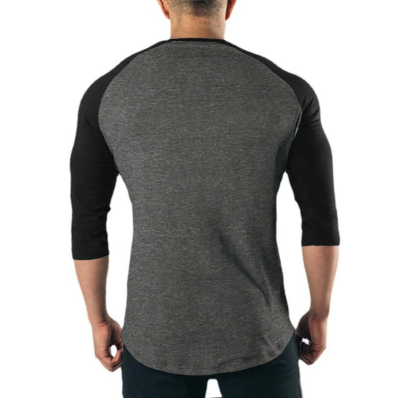 Running Sports Three Quarter Sleeve Shirt Mens Fitness Training Cotton Breathable Clothing Gym Bodybuilding Solid Color T-shirt