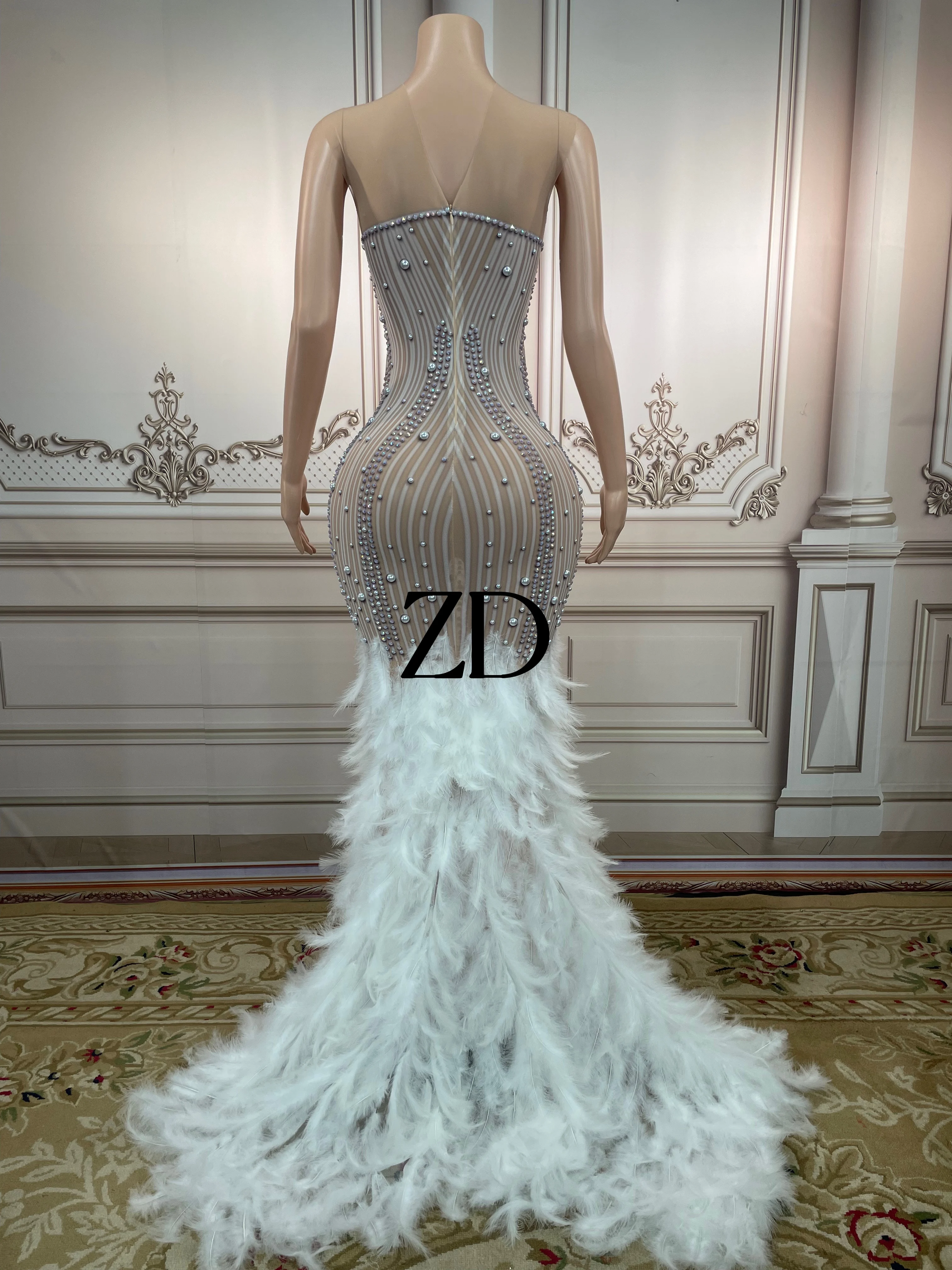 Sexy Stage Sparkly Rhinestones Mesh Feather Dress Prom Gown Evening See Through Crystals Birthday Dress  Party  Dress plus size