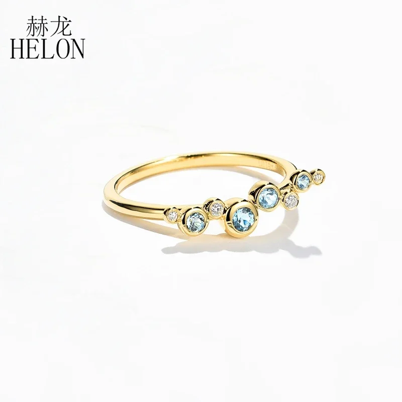 HELON Solid 14k AU585 Yellow Gold Genuine Blue Topaz Engagement Ring Real Diamonds Wedding Band for Women Art Nouveau Jewelry