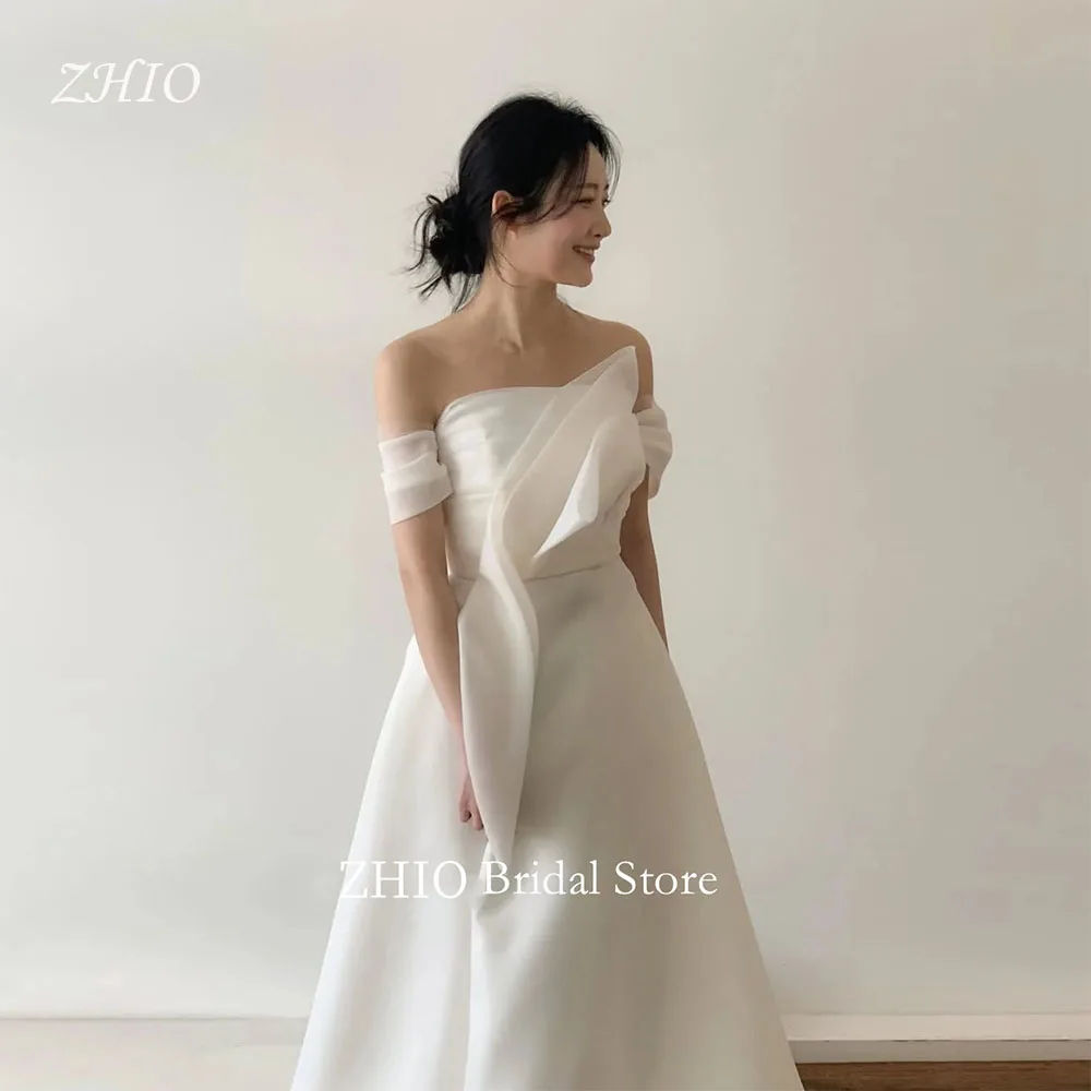 

ZHIO Simple Spaghetti Strap Wedding Party Dress Bow Ribbons White Organza Korea Photo Shoot Bridal Reception Gown Customized