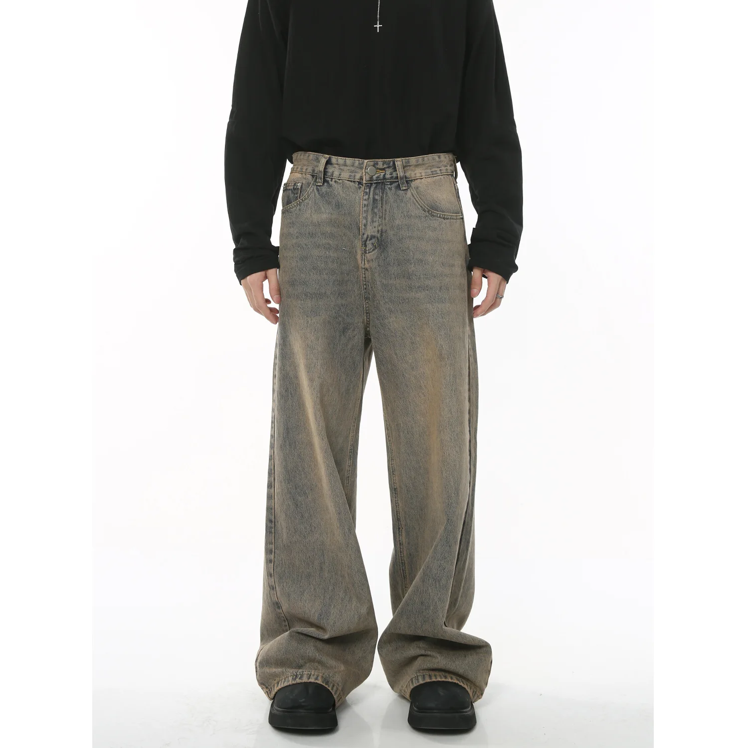 

Four Seasons Men's American Vintage Loose Casual Wide Leg Straight Rust Yellow Jeans Pants Trendy Washed Denim Trousers Male