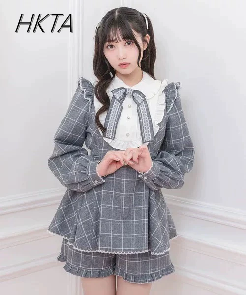 

Japanese Sc Sweet Cute College Style Long-sleeve Dress Shorts 2-piece Set Summer Autumn Waist Plaid Dress Shorts Women Outfit