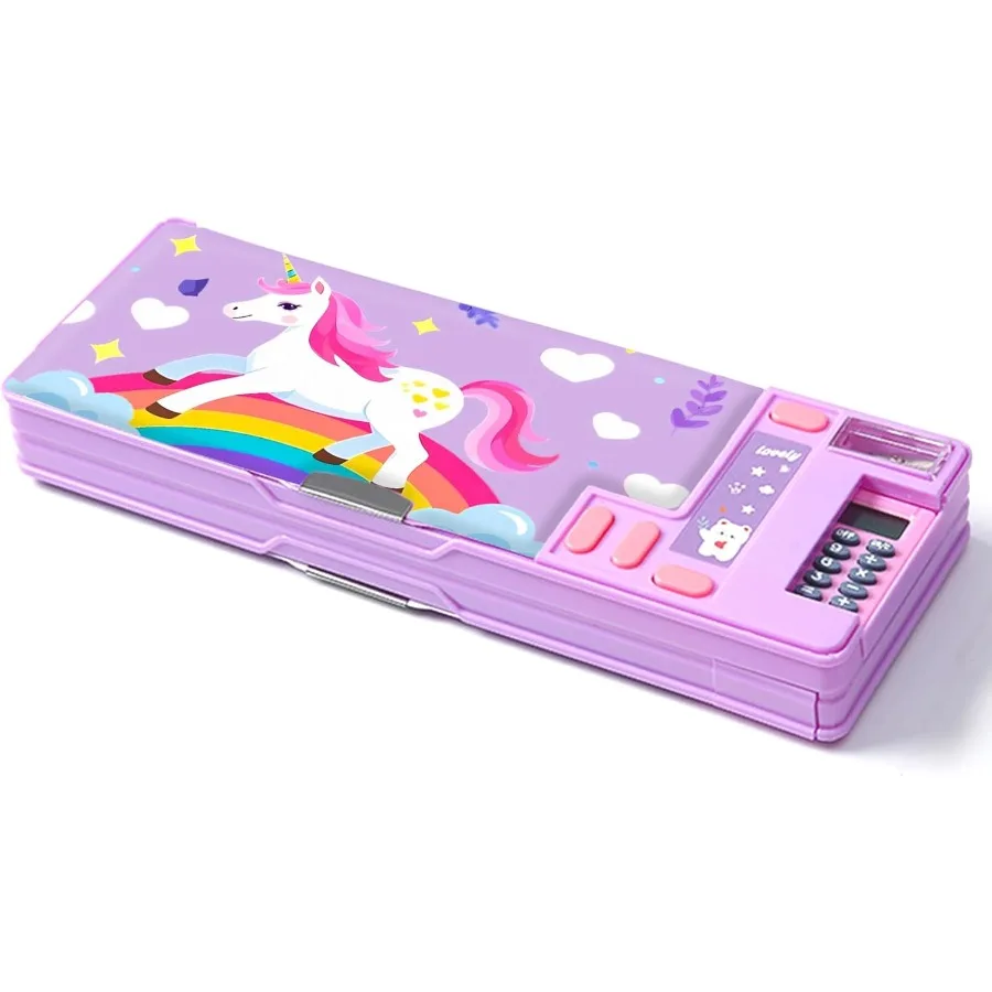 Multifunction Pencil Case with Calculator Pencil Sharpener and Curriculum Storage Featuring Multiple Cute Patterns for Elementa