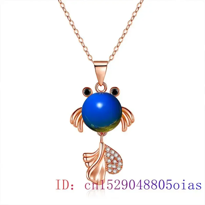 Blue Amber Goldfish Pendant Zircon Women Necklace Charm Gemstone Crystal Chinese Gifts Jewelry Fox Amulet 925 Silver Natural