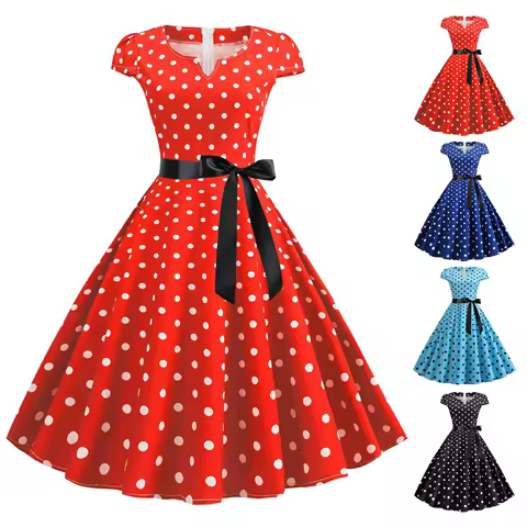 Vintage 1950s Retro Pleated Dress Short Sleeve Polka Dot Print Dress For Women Elegant Evening Party Gown Prom Swing Dresses