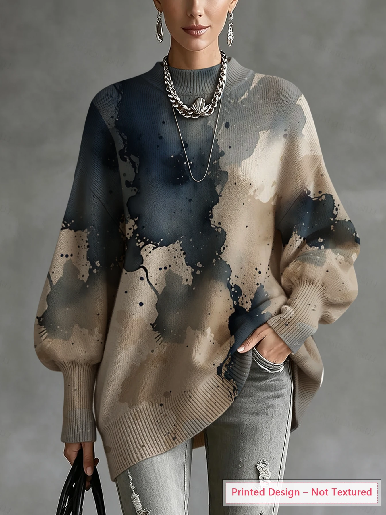 Women's Woolen Top, Autumn and Winter Season, Lantern Sleeves, Diagonal Hem Design, Artistic Smudged Print Pattern, Casual Style
