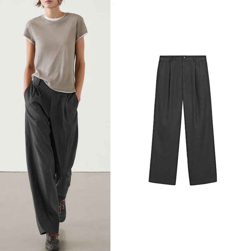 

Chic Casual Commuter Sle Pants Spring New Arrival Slim Stripe Drapey Straight Leg Trousers for Women Polyester Fiber 00%