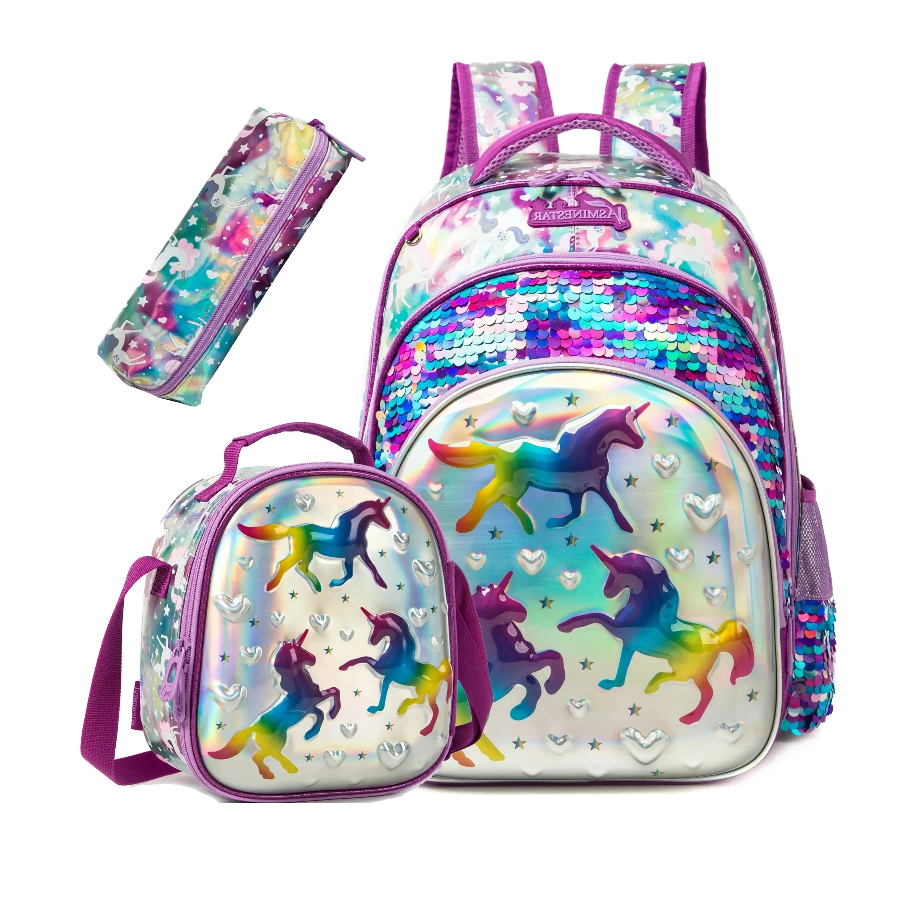 Kids School Bags for Girls 16 Inch Backpacks for Primary Children Sequin Backpack with Lunch Box Bag for Kindergarten Mochila