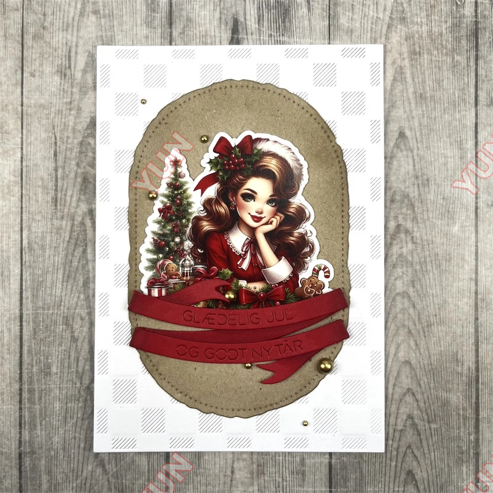 Merry Christmas Greetings Script Dies 2025 New Nordic Stars Banners Plaid Background Metal Cutting Dies DIY Scrapbooking Card