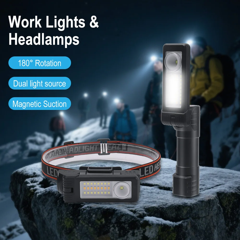 BORUiT Rechargeable LED Headlamp with Built-in Battery Type-C Magnetic Work Light for Outdoor Camping Fishing & Night Repair