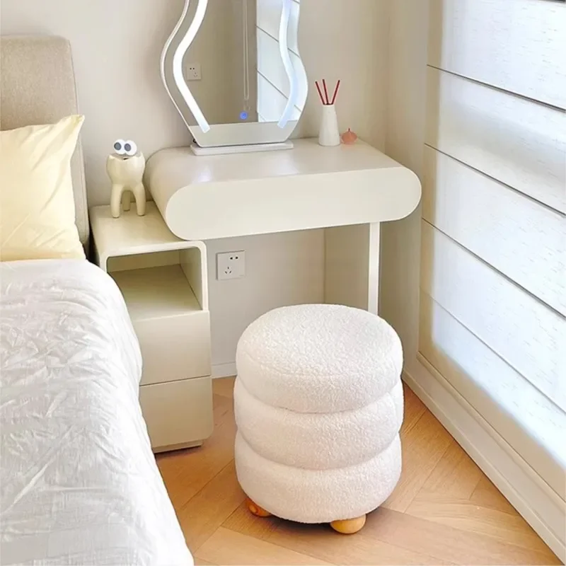 Light Luxury Cream Dressing Stool Scandinavian Modern Minimalist Small Household Round Stool Chair Lamb\'s Wool Makeup Bench