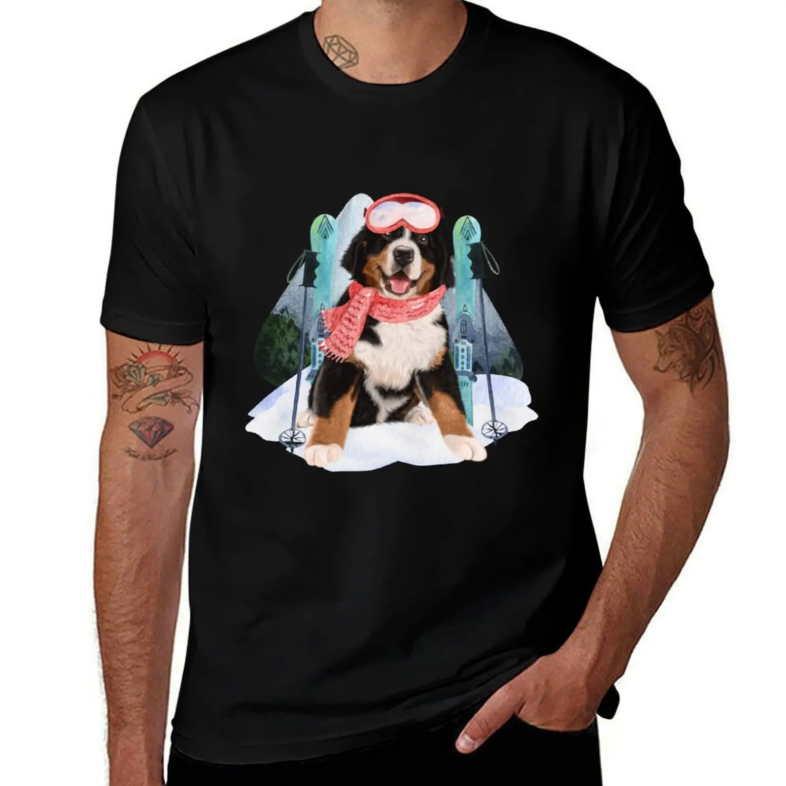 

Bernese Mountain Dog : Bernese Mt. With Skiing: Bernese Mountain Christmas Gift T-Shirt Man t-shirt compression shirt men