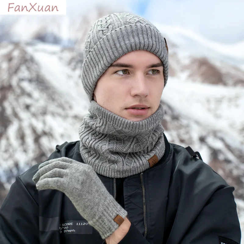 Ensemble de 3 pièces pour hommes et femmes, bonnets d'hiver, gants, Snood, foulards courts doublés en polaire, chapeaux tricotés, couleur unie