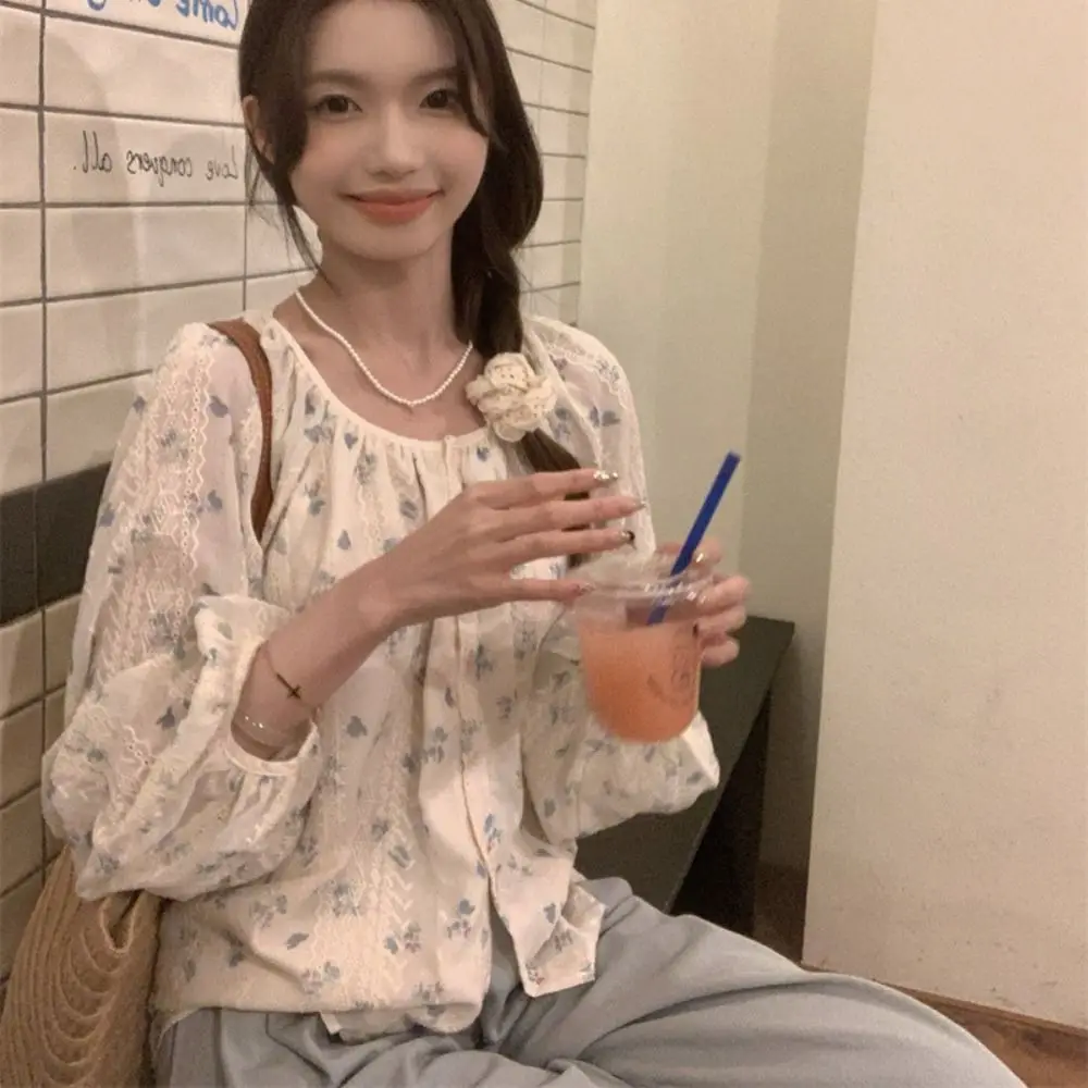 Leisure Pleated Long Sleeve Blouse Ins Loose Lace Floral Blouse Spring Autumn Sweet Flower Shirt Top Streetwear