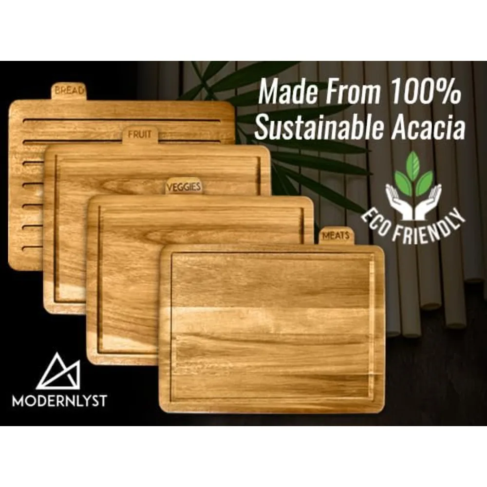 مجموعة لوح تقطيع خشب السنط الكبيرة مع حامل، 13 × 11 × 2.5 بوصة، مجموعة ألواح تقطيع المطبخ المسمى