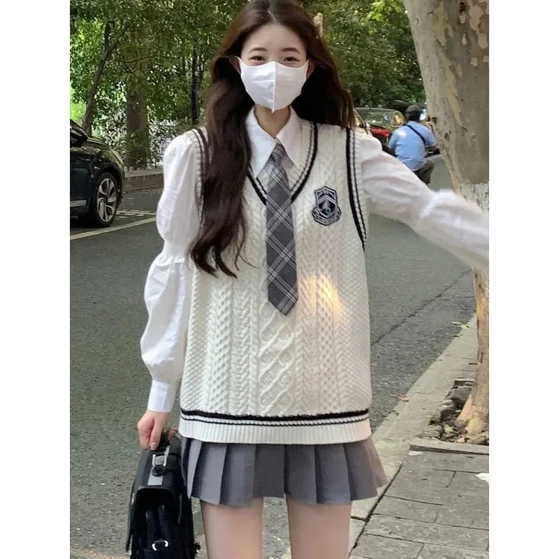 Japanese Cute School Uniform Women Korean Winter Knitting Sweater Skirt Sets V-neck Long Sleeve Jk Uniform School Girl Cosplay