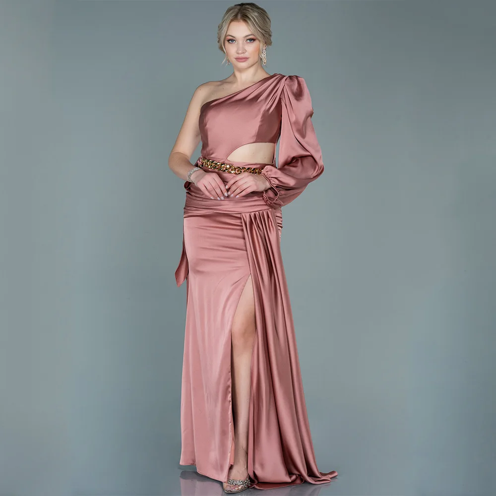 

Arya High Quality Pink Evening Dress Satin for Floor-Length One-Shoulder Formal Evening Chain Vestidos De Fiesta Customized