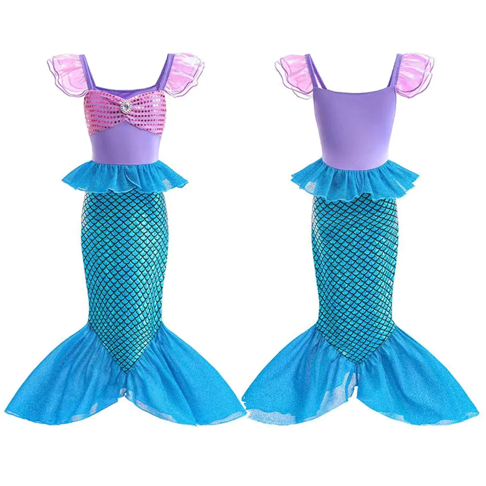 7Pcs/Set Kids Mermaid Ariel Cosplay Costume Girls Children Dress Wig Outfits Halloween Carnival Party Disguise Gifts Suit