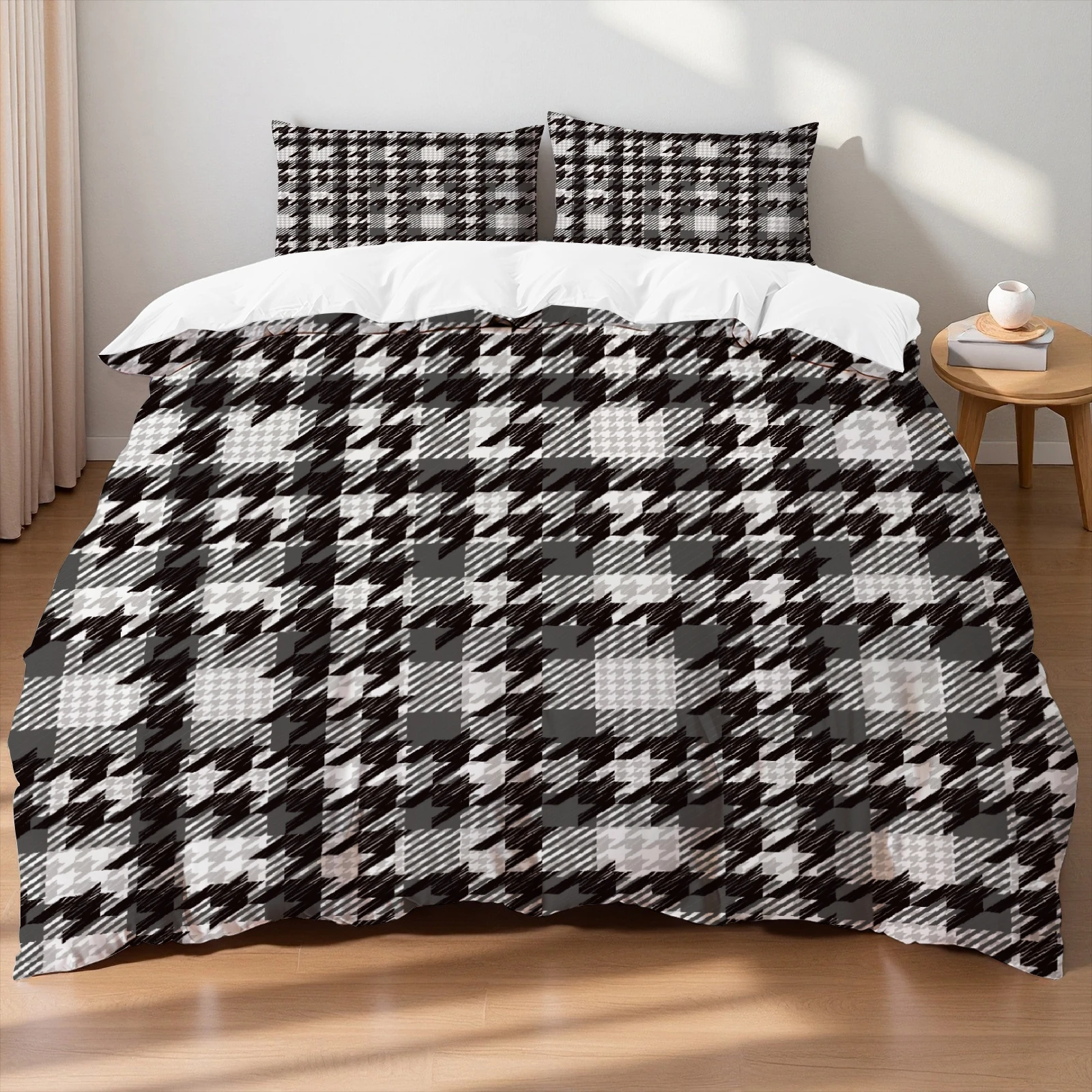 Black White Houndstooth Duvet Cover Set Classic Plaid Patchwork Soft Breathable Queen Size Bedding Set Bedroom Decor