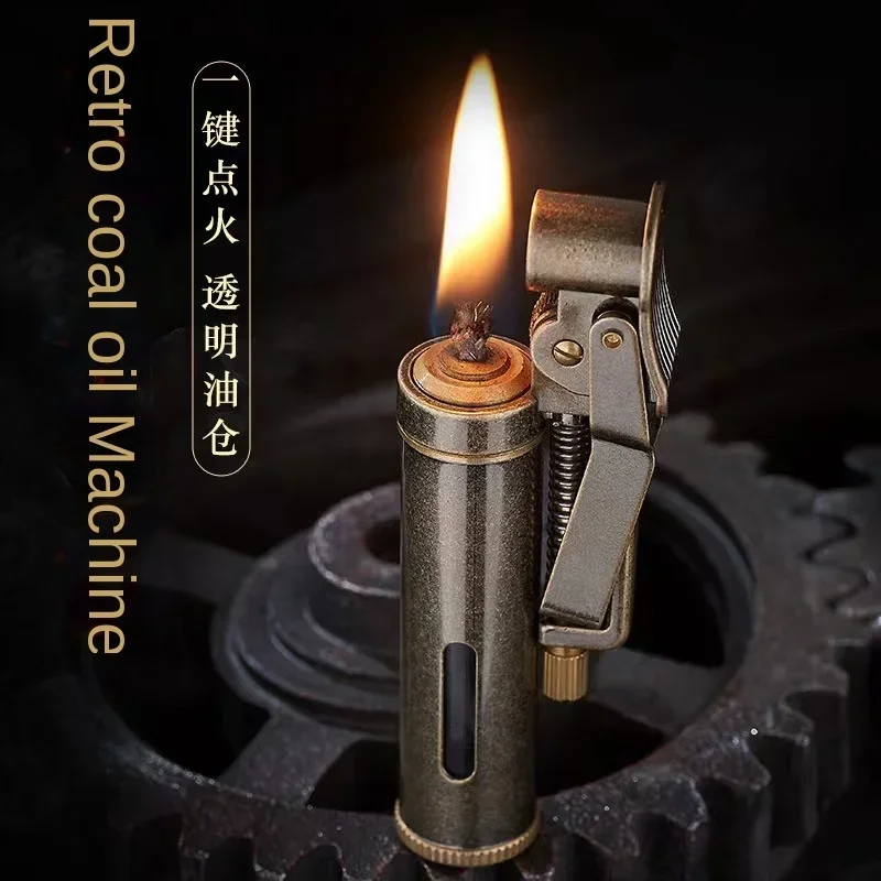 2024 New Copper Kerosene Lighter Visual Oil Tank One-key Ignition Retro Nostalgic Grinding Wheel Lighter Men\'s Smoking Gift Tool