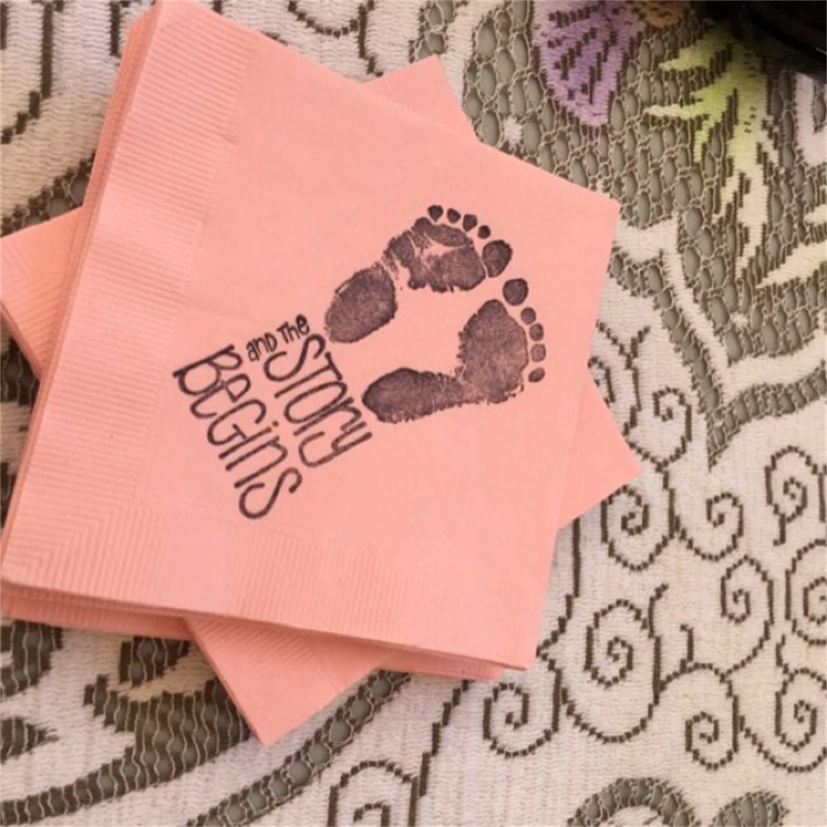 50Pcs Personalized The Story Begins Baby Shower Footprints Light Burlap Cocktail Napkins Gender Neutral Baby Girl or Baby Boy