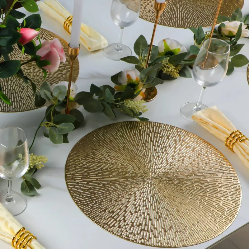 Round Placemats Gold Metallic  Vinyl Placemats 15in ,Easy Clean Wipeable Non-Slip Stain Heat Resistant Table Place Mats