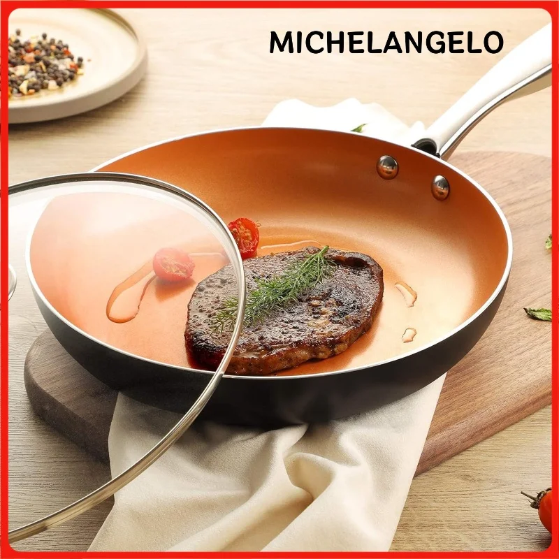 

MICHELANGELO Little Skillet with Lid - 10" Copper Nonstick Frying Pan for Oven & Stove Ceramic Coating, Aluminum Nonstick Pan
