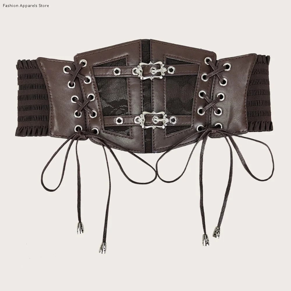 cinto-corset-elegante-ajustavel-de-renda-e-couro-cor-solida-elastico-com-flor-largo-para-vestido