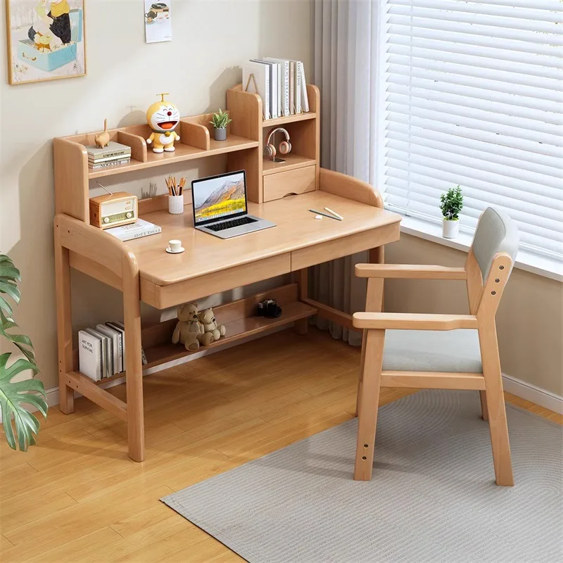 Solid wood children's study desk bookshelf integrated home office computer desk adjustable lift student writing desk