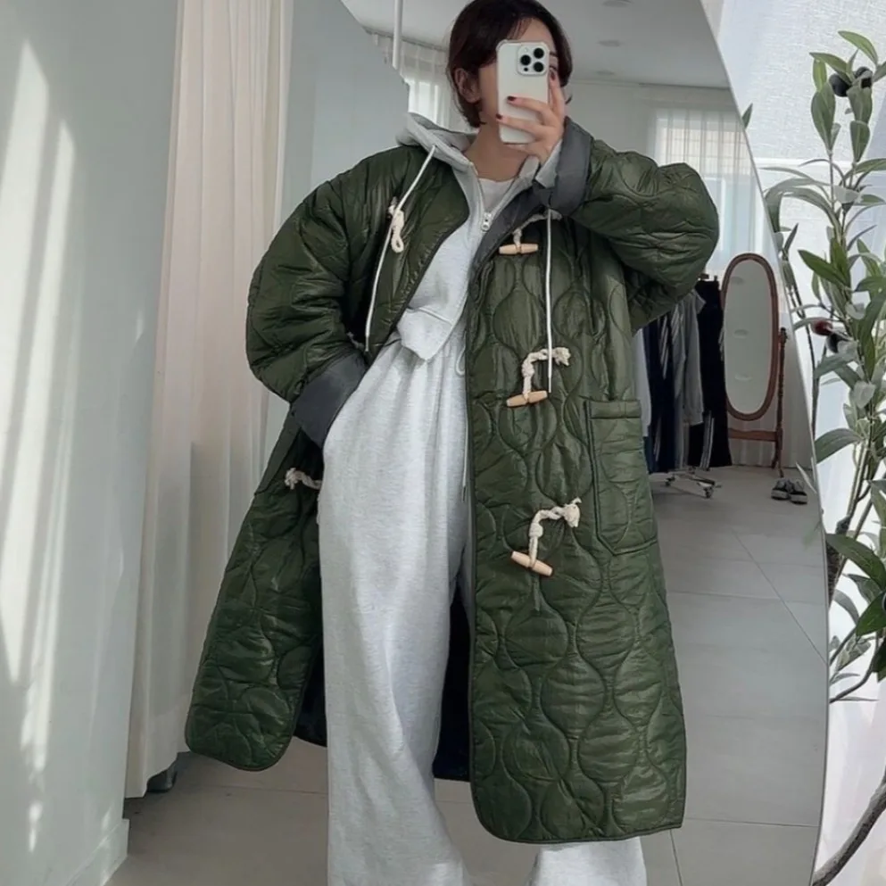 Rétro Long coton Jaet avec boutons de corne coréen Sle femmes printemps automne hiver vêtements d'extérieur décontracté rue Faion