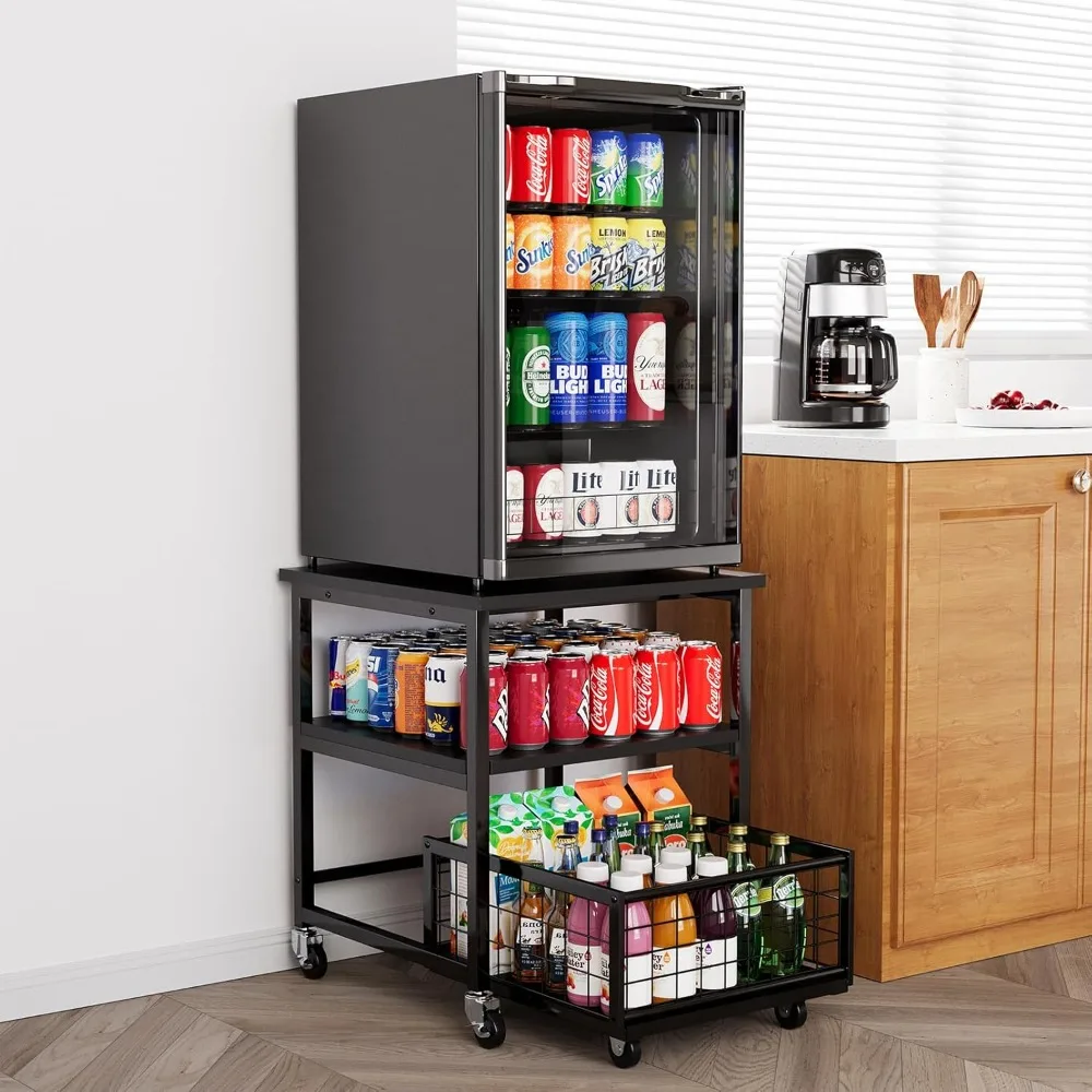

3 Tier Mini Fridge Stand with Storage and Wheels, Heavy Duty 19.7x19.7in Mobile Refrigerator Shelf Stand Table