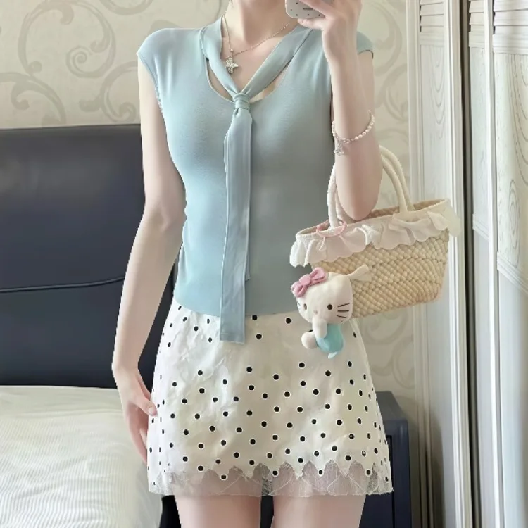 

Корейский топ из ледяного шелка ort Sve и кружевная юбка в горошек, комплект из двух предметов, женский летний комплект Faion, ансамбль