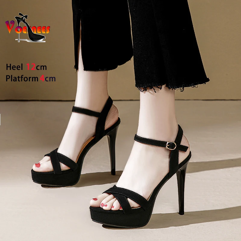 Fashion Party High Heels 12CM Faux Suede Ankle Buckle Strap Sandals Sexy Cross-Band Black Women Shoes Summer Platform Stilettos