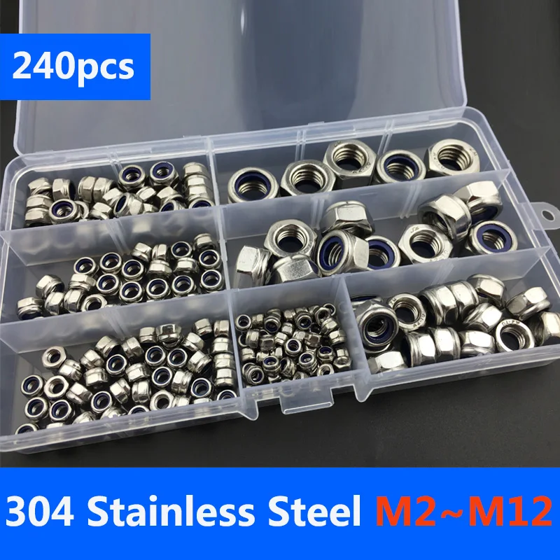 

Lock Nut 240pcs Nylon Lock Nut 304 Stainless Steel M2 M2.5 M3 M4 M5 M6 M8 M10 M12 Hex Hexagon Self Locking Nut Assortment Kit