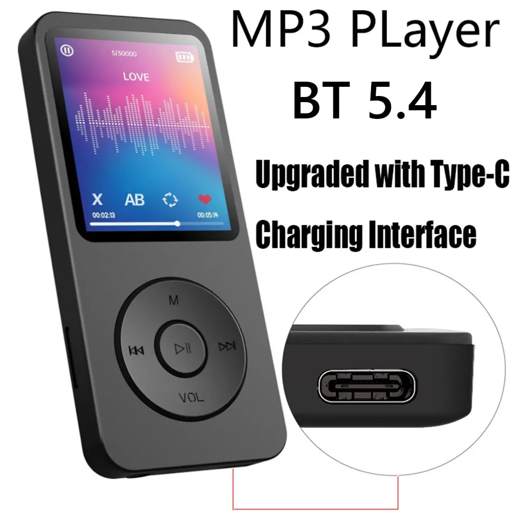 Lecteur MP3 portable, baladeur Type-C, Bluetooth 1.8, compatible E-Cleaning, sport statique, MP4, radio FM, lecteur de musique, 5.4 pouces